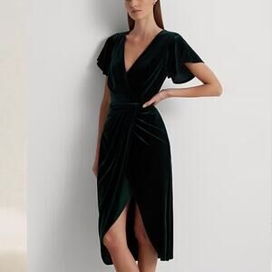 Lauren Ralph Lauren Dark Green Velvet Flutter Sleeve Cocktail Dress NWT Size 12